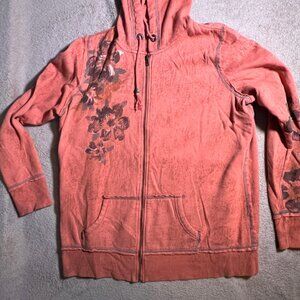 Maurices Junior Sz 1 Orange Full‎ Zip Hoodie Pocket Jacket Floral Graphic (N)